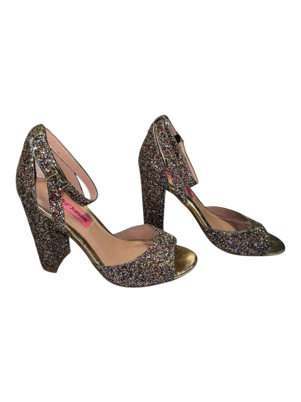 Betsey Johnson Multicolor Glitter 4” Block Heel Ankle Strap Sandals Sz 6.5